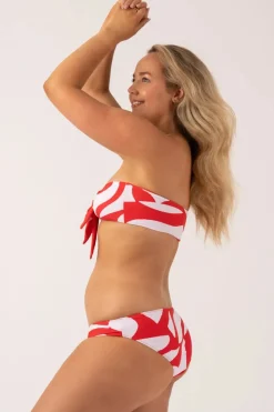 Silky Reversible Bandeau Bow Bikini Top - Red Geo Waves