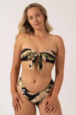 Silky Reversible Brazillian Cheeky Cut Bikini Bottom - Black Tropical Leaf