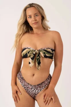 Silky Reversible Brazillian Cheeky Cut Bikini Bottom - Black Tropical Leaf