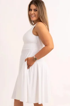Silky Reversible Comfort Crop Midi Dress W/ Pockets - White