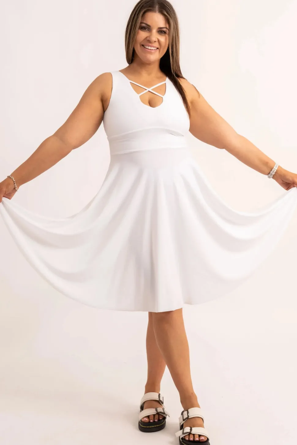 Silky Reversible Comfort Crop Midi Dress W/ Pockets - White