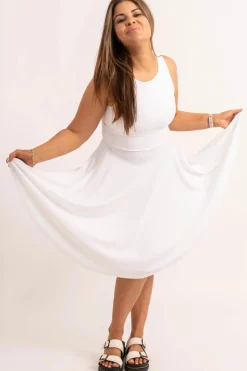 Silky Reversible Comfort Crop Midi Dress W/ Pockets - White