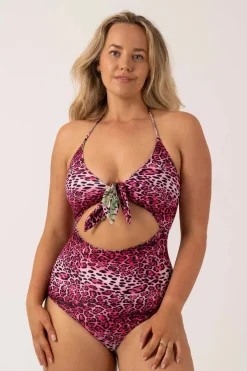 Silky Reversible Cut Out One Piece - Pink Tropical Leopard