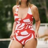 Silky Reversible Deep V Low Leg One Piece - Red Geo Waves