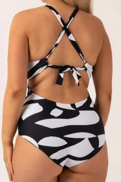 Silky Reversible Deep V Low Leg One Piece - Black Geo Waves