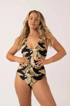 Silky Reversible Deep V Low Leg One Piece - Black Tropical Leaf