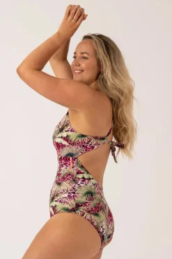 Silky Reversible Deep V Low Leg One Piece - Pink Tropical Leopard