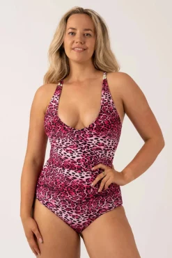 Silky Reversible Deep V Low Leg One Piece - Pink Tropical Leopard