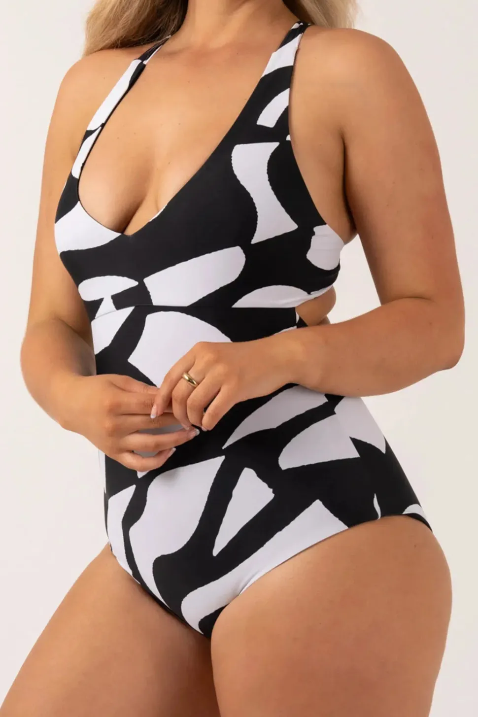 Silky Reversible Deep V Low Leg One Piece - Black Geo Waves