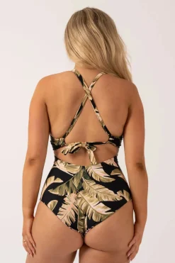 Silky Reversible Deep V Low Leg One Piece - Black Tropical Leaf