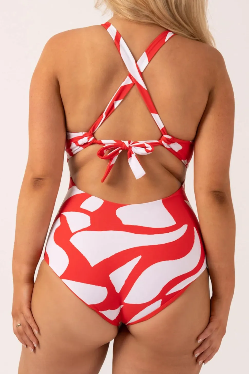 Silky Reversible Deep V Low Leg One Piece - Red Geo Waves