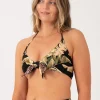 Silky Reversible Halter Bralette Bikini Top - Black Tropical Leaf