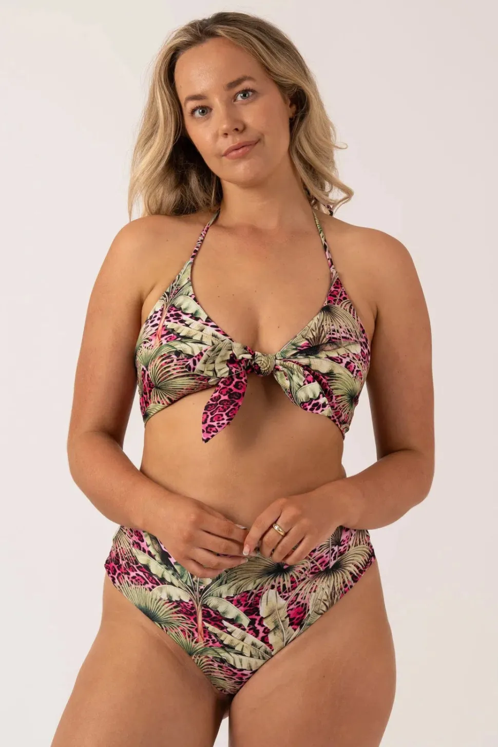 Silky Reversible Halter Bralette Bikini Top - Pink Tropical Leopard