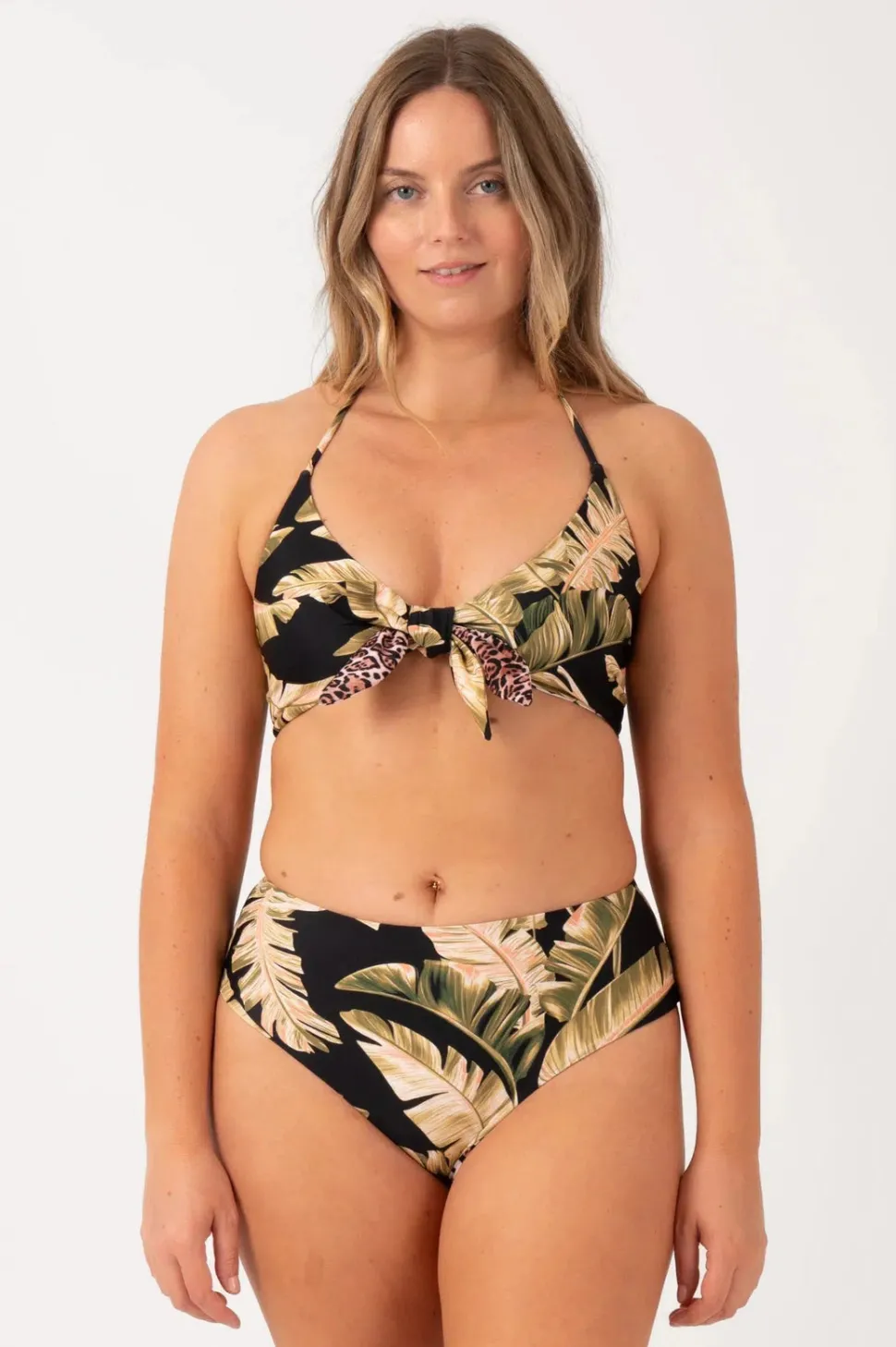 Silky Reversible Halter Bralette Bikini Top - Black Tropical Leaf