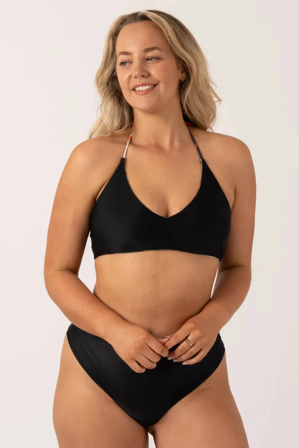 Silky Reversible Halter Bralette Bikini Top - Black Tropico