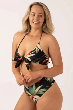 Silky Reversible Halter Bralette Bikini Top - Black Tropico