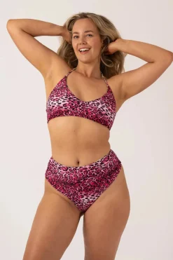 Silky Reversible Halter Bralette Bikini Top - Pink Tropical Leopard