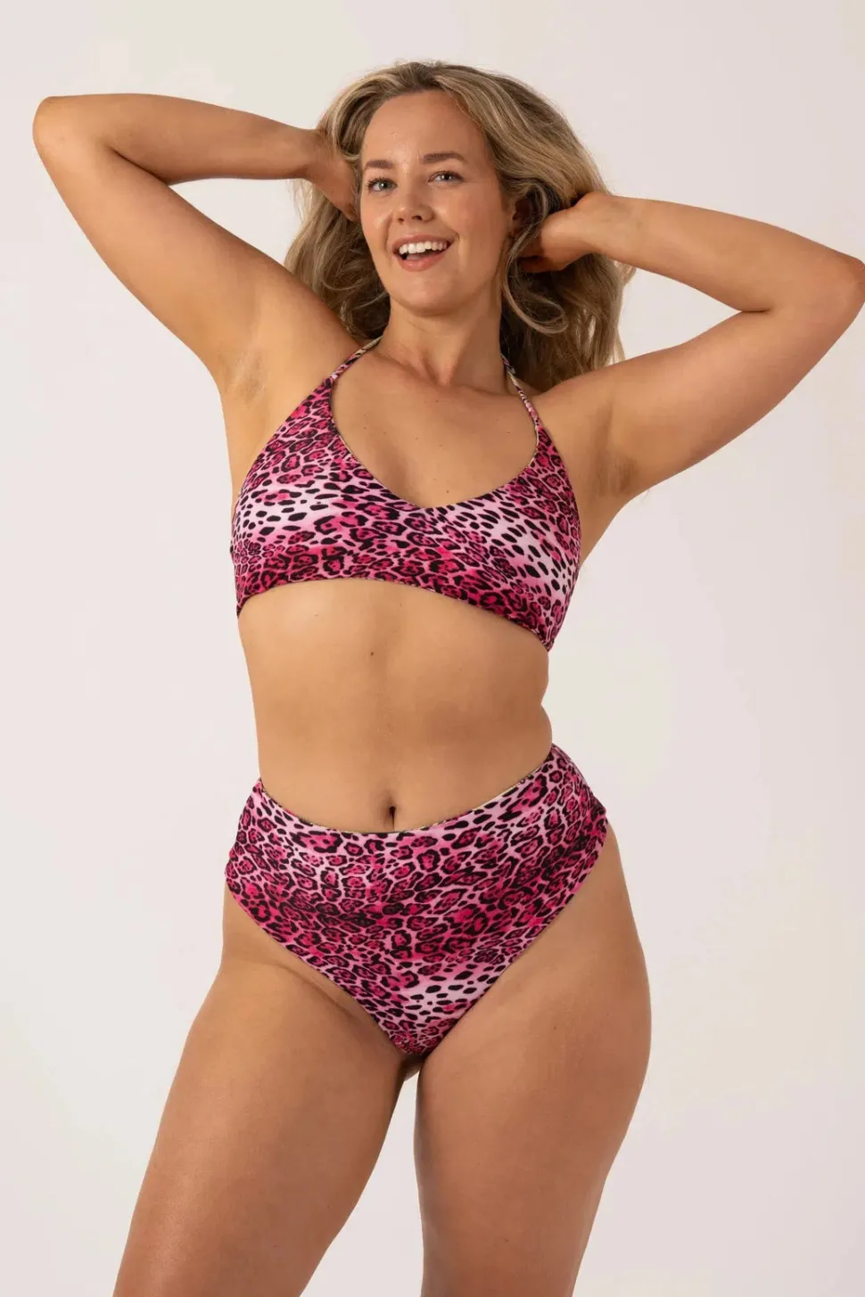 Silky Reversible Halter Bralette Bikini Top - Pink Tropical Leopard