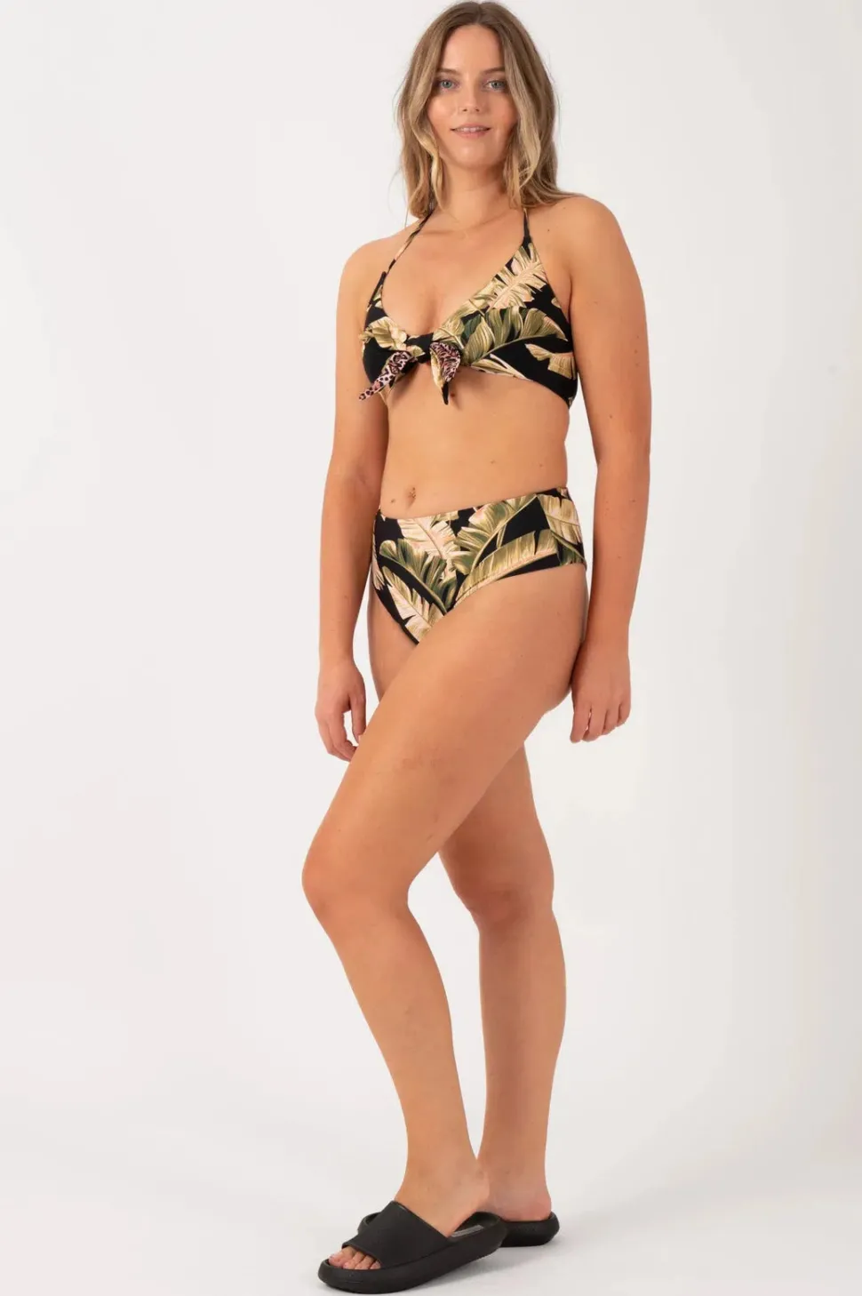 Silky Reversible Halter Bralette Bikini Top - Black Tropical Leaf