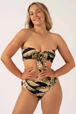 Silky Reversible High Waisted Cheeky Cut Bikini Bottom - Black Tropical Leaf
