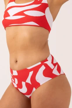 Silky Reversible High Waisted Medium Cut Bikini Bottom - Red Geo Waves