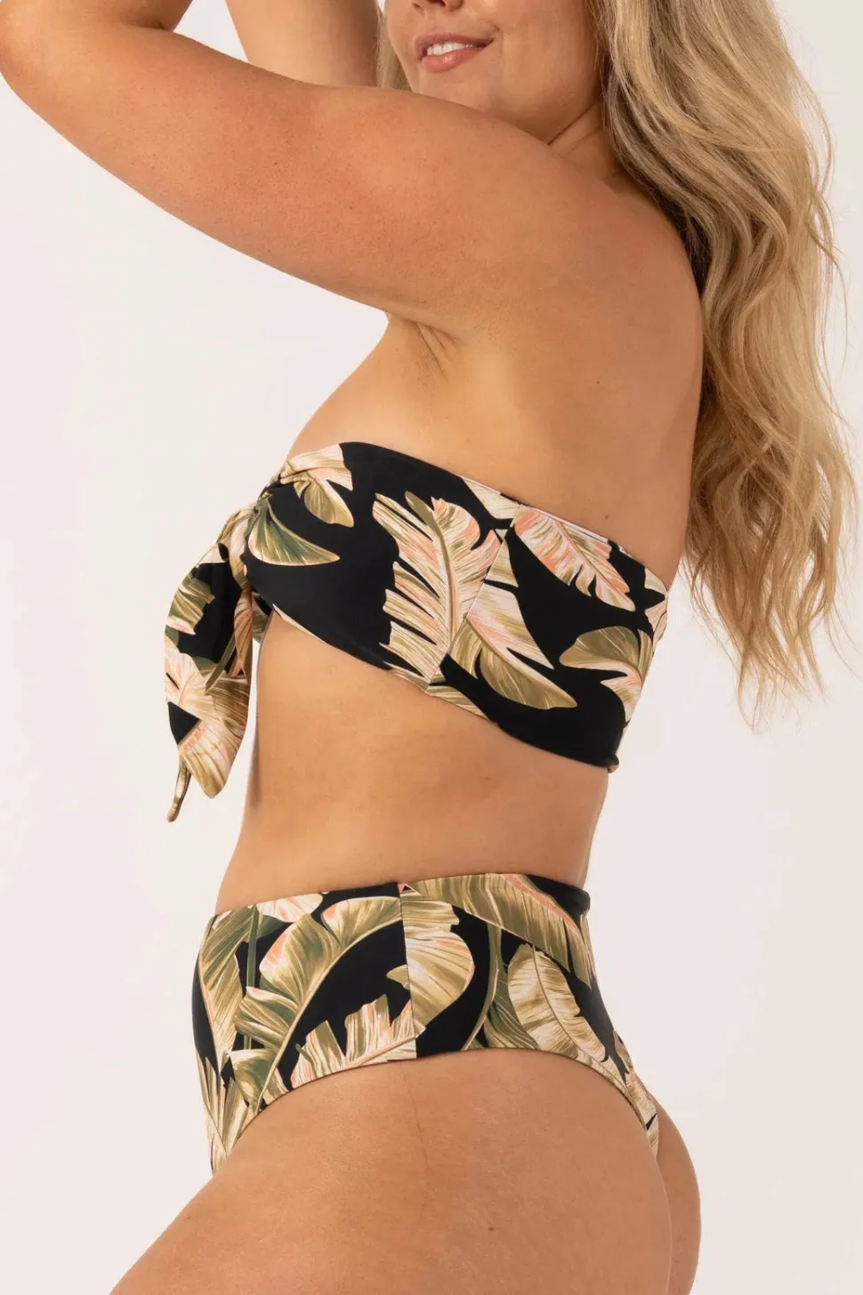 Silky Reversible High Waisted Cheeky Cut Bikini Bottom - Black Tropical Leaf