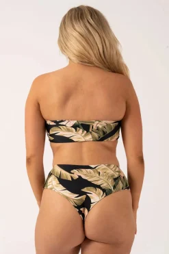 Silky Reversible High Waisted Cheeky Cut Bikini Bottom - Black Tropical Leaf