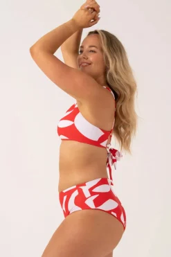 Silky Reversible High Waisted Medium Cut Bikini Bottom - Red Geo Waves