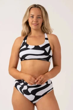 Silky Reversible Tie Back Bikini Top - Black Geo Waves