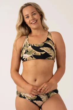 Silky Reversible Tie Back Bikini Top - Black Tropical Leaf