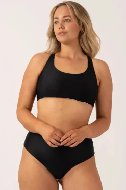 Silky Reversible Tie Back Bikini Top - Black Geo Waves