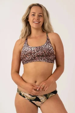 Silky Reversible Tie Back Bikini Top - Black Tropical Leaf
