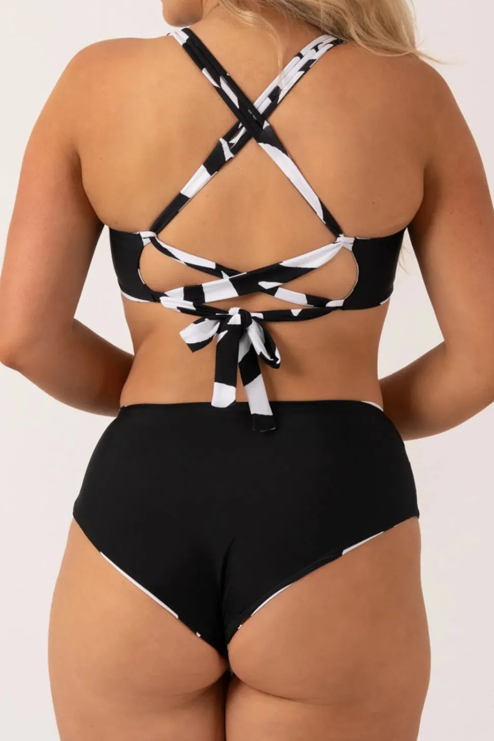 Silky Reversible Tie Back Bikini Top - Black Geo Waves