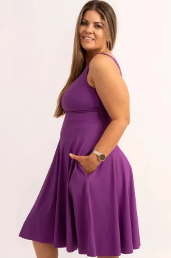 Silky Scoop Neck Comfort Crop Midi Dress W/ Pockets - Purple