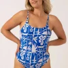 Silky Scoop Neck High Leg One Piece - Blue Tiki
