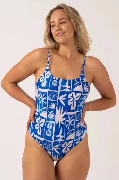 Silky Scoop Neck High Leg One Piece - Blue Tiki