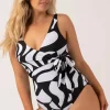 Silky Wrap Over Low Leg One Piece - Black Geo Waves