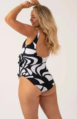 Silky Wrap Over Low Leg One Piece - Black Geo Waves