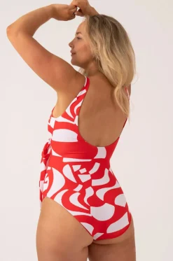 Silky Wrap Over Low Leg One Piece - Red Geo Waves