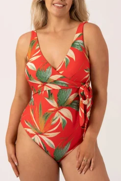 Silky Wrap Over Low Leg One Piece - Flame Tropico