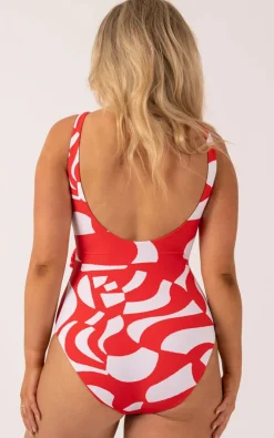 Silky Wrap Over Low Leg One Piece - Red Geo Waves