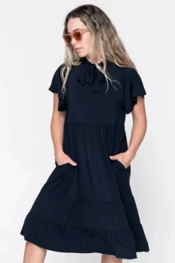 Slinky Silky Boss Bish Tiered Midi Dress - Black
