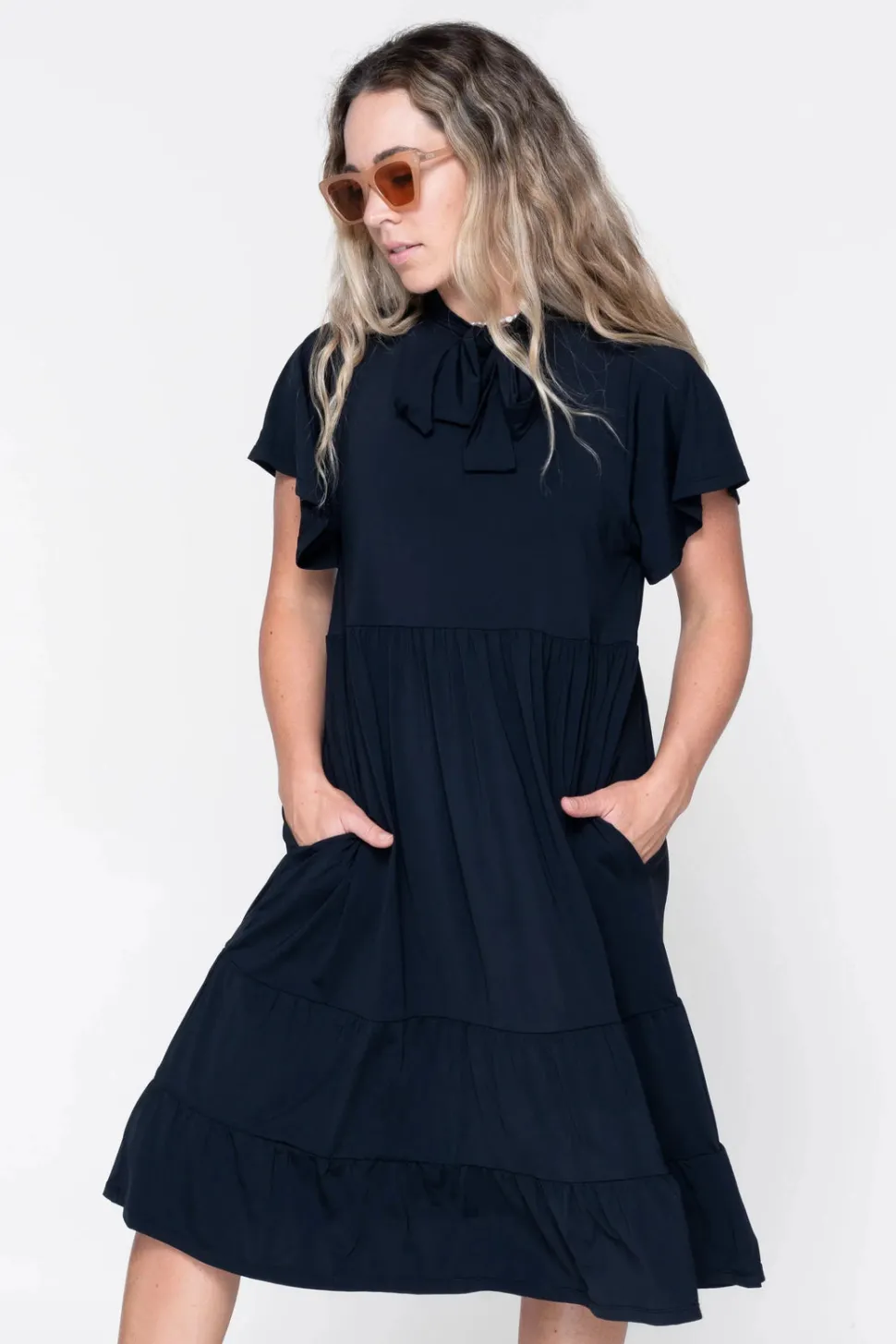 Slinky Silky Boss Bish Tiered Midi Dress - Black
