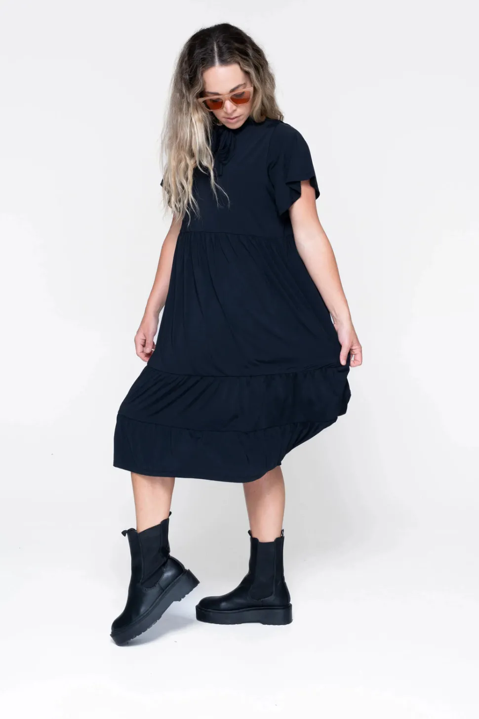Slinky Silky Boss Bish Tiered Midi Dress - Black