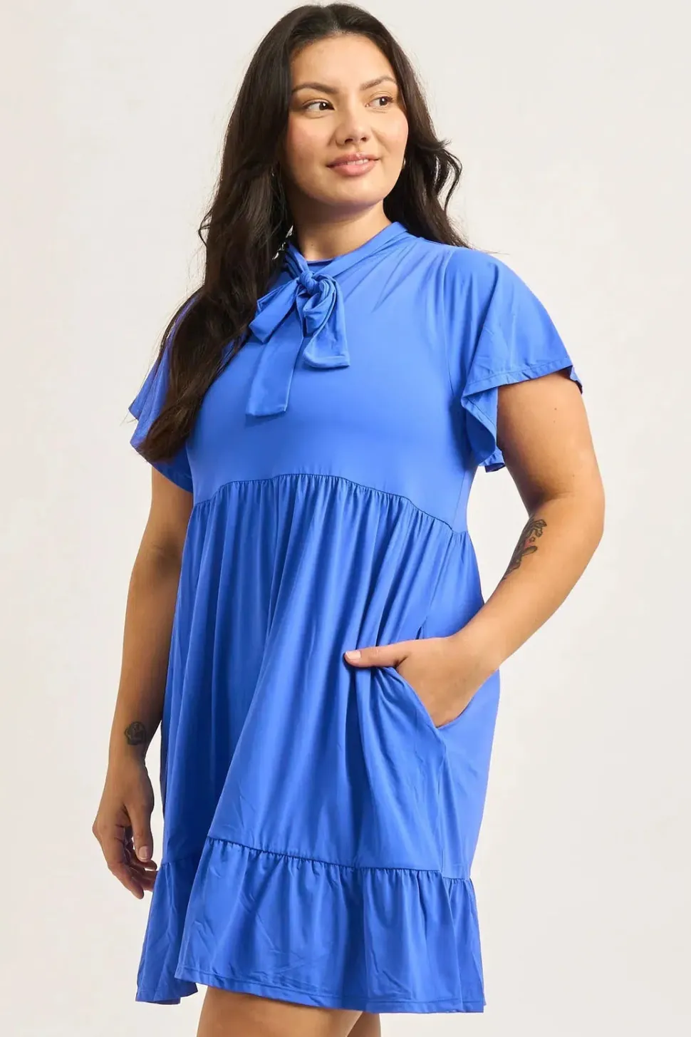 Slinky Silky Boss Bish Tiered Mini Dress - Electric Blue