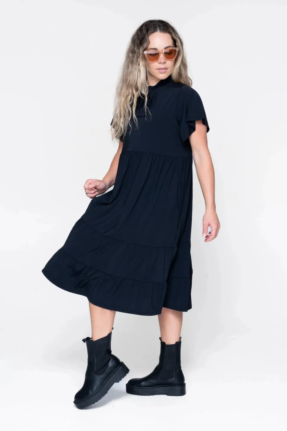 Slinky Silky Boss Bish Tiered Midi Dress - Black