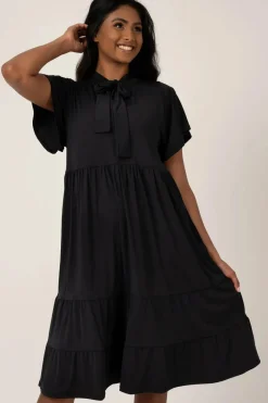 Slinky Silky Boss Bish Tiered Midi Dress - Black