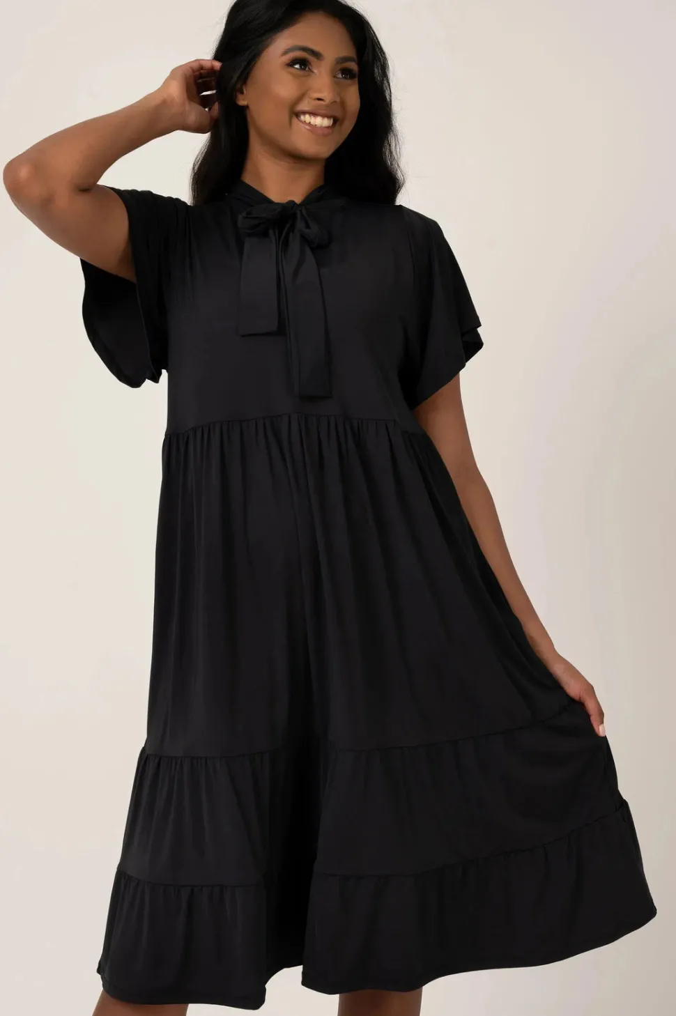 Slinky Silky Boss Bish Tiered Midi Dress - Black