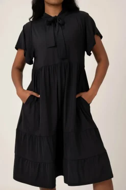 Slinky Silky Boss Bish Tiered Midi Dress - Black
