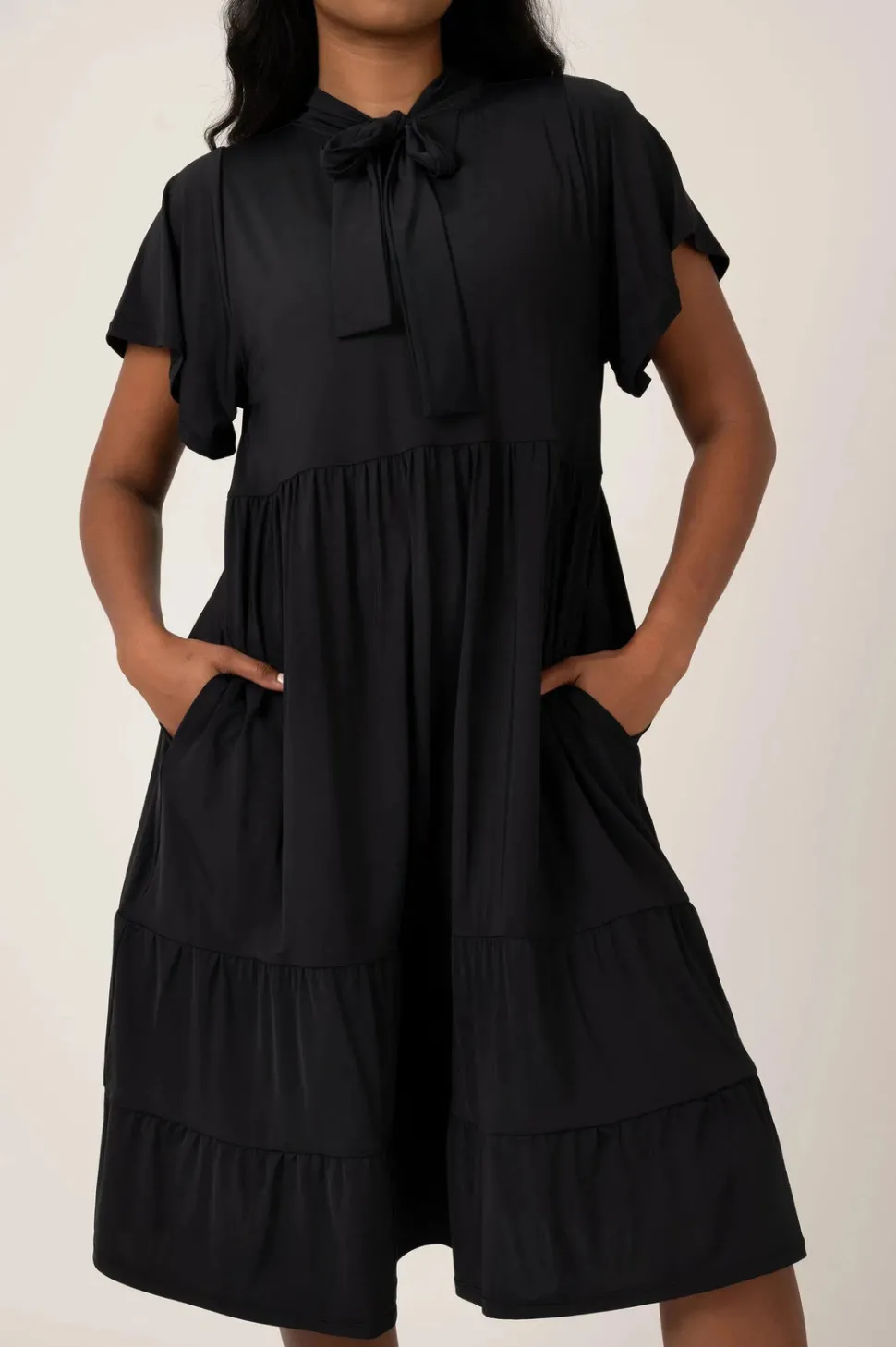 Slinky Silky Boss Bish Tiered Midi Dress - Black